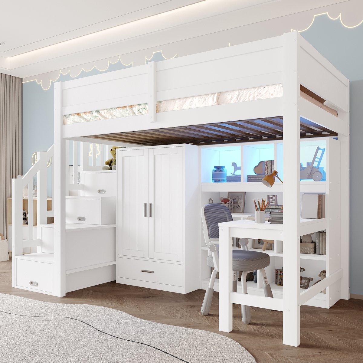 90x200cm hoogslaper met bureau en boekenplank - kledingkast - opbergladder en LED-verlichting - wit - zonder matras