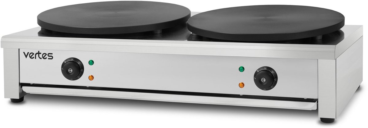 VERTES Crêpesmaker Dubbele crêpesmaker Elektrisch van roestvrij staal met 2x 40 cm plaat 2x 3000 W, antiaanbaklaag, temperatuur traploos regelbaar van 50-300 °C, Gastro Profi, incl. houten verdeelmes