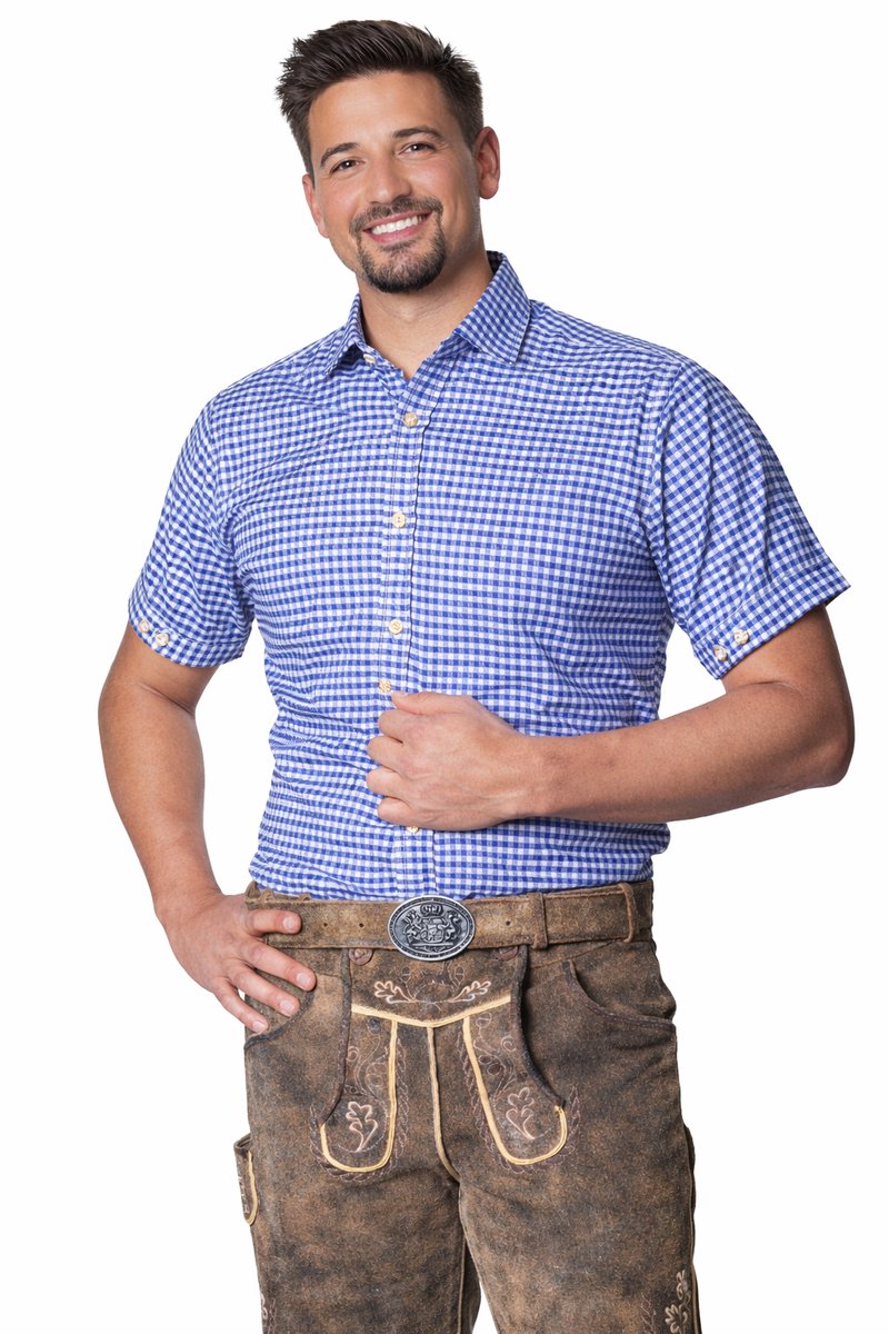 Tannhauser Leopold Oktoberfest Blouse Oktoberfest Heren Carnavalskleding Heren - Korte Mouw - Blauw - Maat L - Katoen/Viscose, bestel een maat groter dan je gewend bent