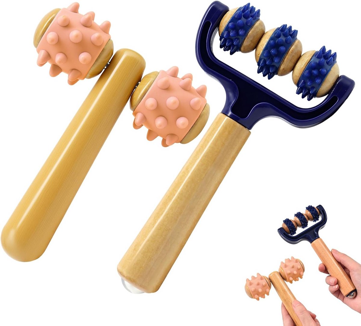 Houten Massageoller Set met Handvat voor Spierpijn en Herstel