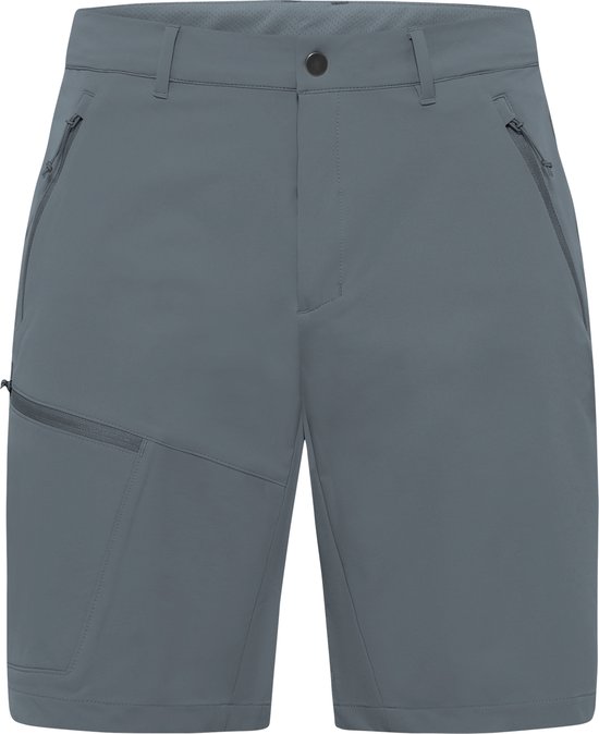 Voorkant van een grijze Jack Wolfskin outdoorbroek met ritszakken en een knoopsluiting.