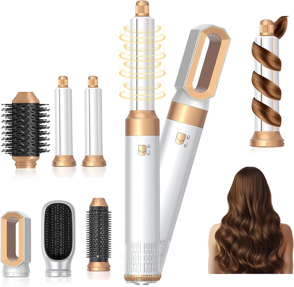 6-in-1 Warme Luchtstyler Set: Föhn, Krultang, Stijler voor Volume en Glad Haar met Borstels