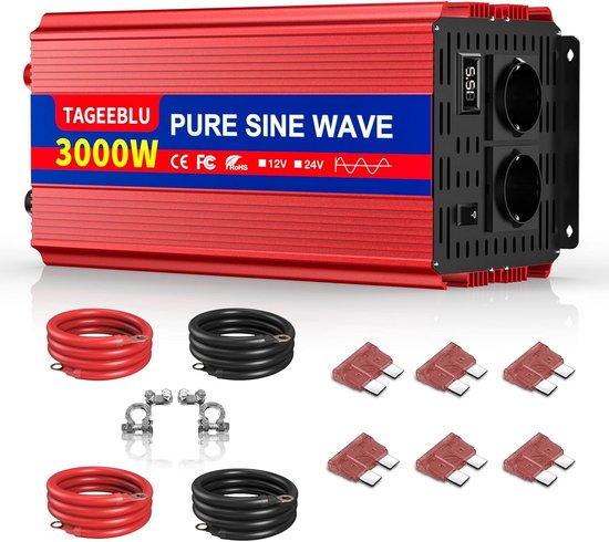 3000W Zuivere Sinus Omvormer 12V naar 230V voor Auto met EU Stopcontact en LED Display
