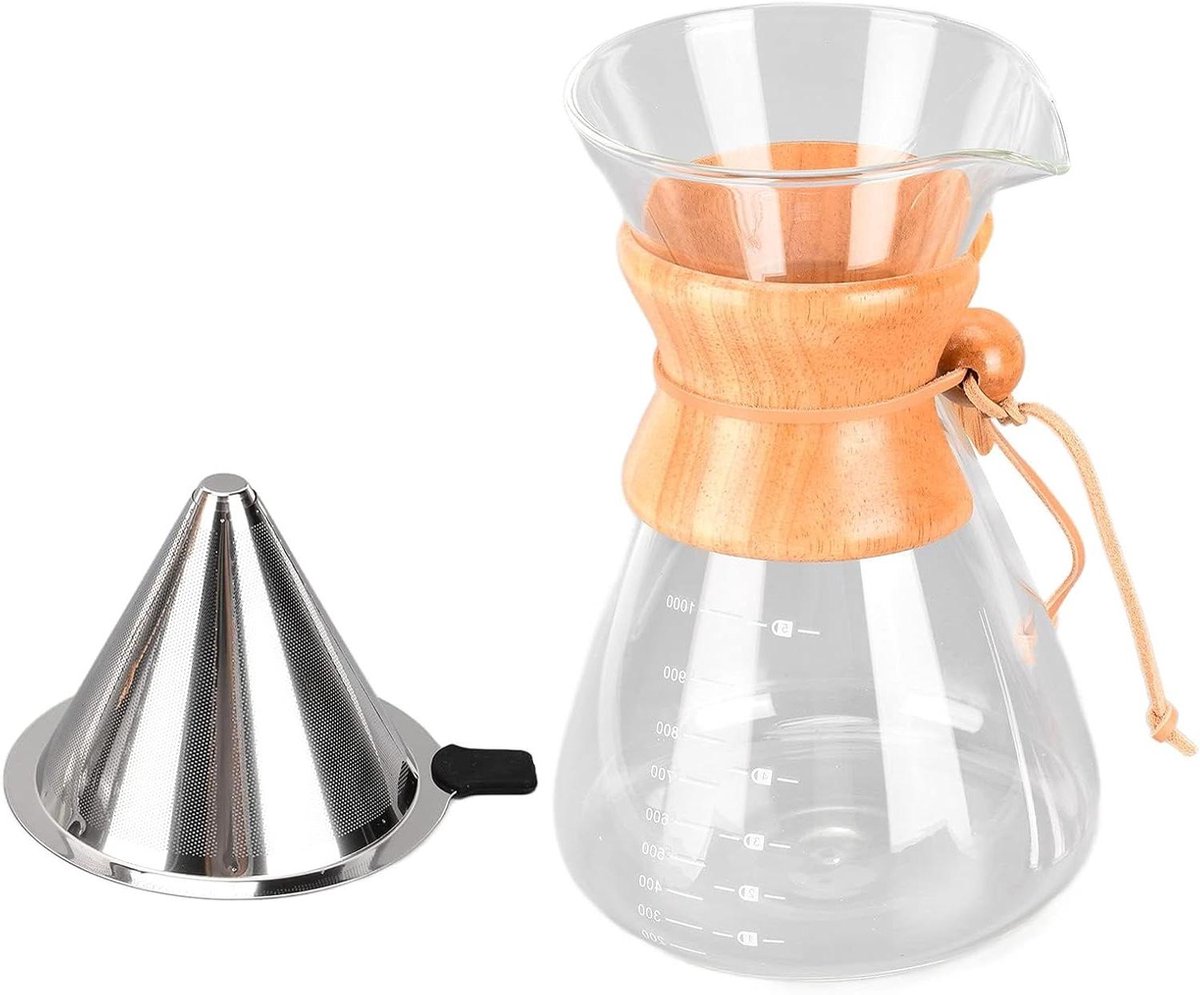 Koffiefilter Brewer van glas met rvs filter en houten hoes - 1000ml - Voor thuis en reizen