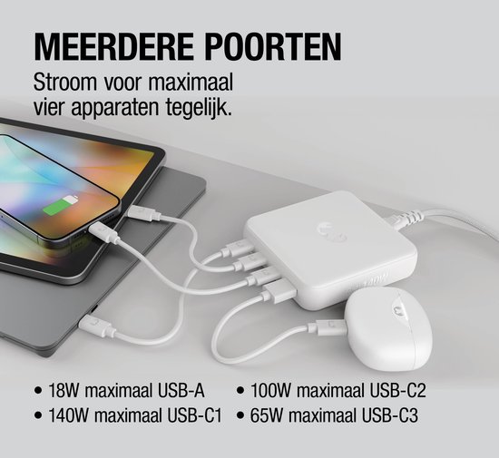 Wit 140W oplaadstation met vier aangesloten apparaten: tablet, telefoon en oordopjes.