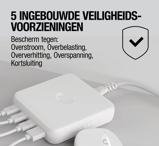 Wit oplaadstation met 5 ingebouwde veiligheidsfuncties tegen overstroom, overspanning en meer.