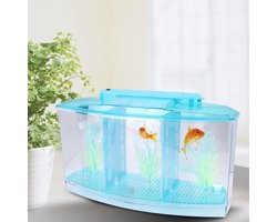 Mini Aquarium Isolatie Box voor Kleine Vissen - Drie Divisies - Met LED-licht en Lichtgevend Water Gras - Vis Garnalen Broederij - Blauw