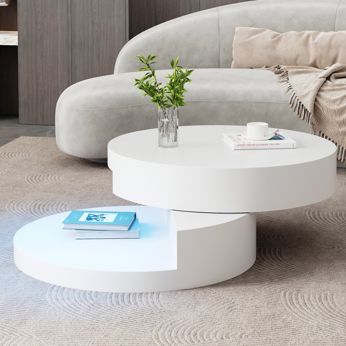 OKWISH Salontafel - 360 Graden Draaibaar Tafelblad - Met Ledverlichting En Opbergruimte - Mdf Wit - 70x70x35,5 Cm
