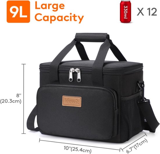 Lifewit Medium Lunch Bag Koeltas 9L - Geïsoleerde Lunchbox voor Werk, School & Reizen - Lekvrij, Opvouwbaar & Duurzaam - Geschikt voor 12 Blikjes - Zwart van Lifwit — afbeelding 2