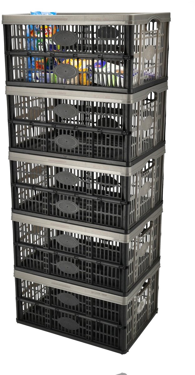 Vouwkrat 32 Liter – Set van 5 – Belastbaar tot 18 KG – Opvouwbare Kratten – Inklapbare Boodschappenkrat – Stapelbaar – 48x35x23 cm – Zwart