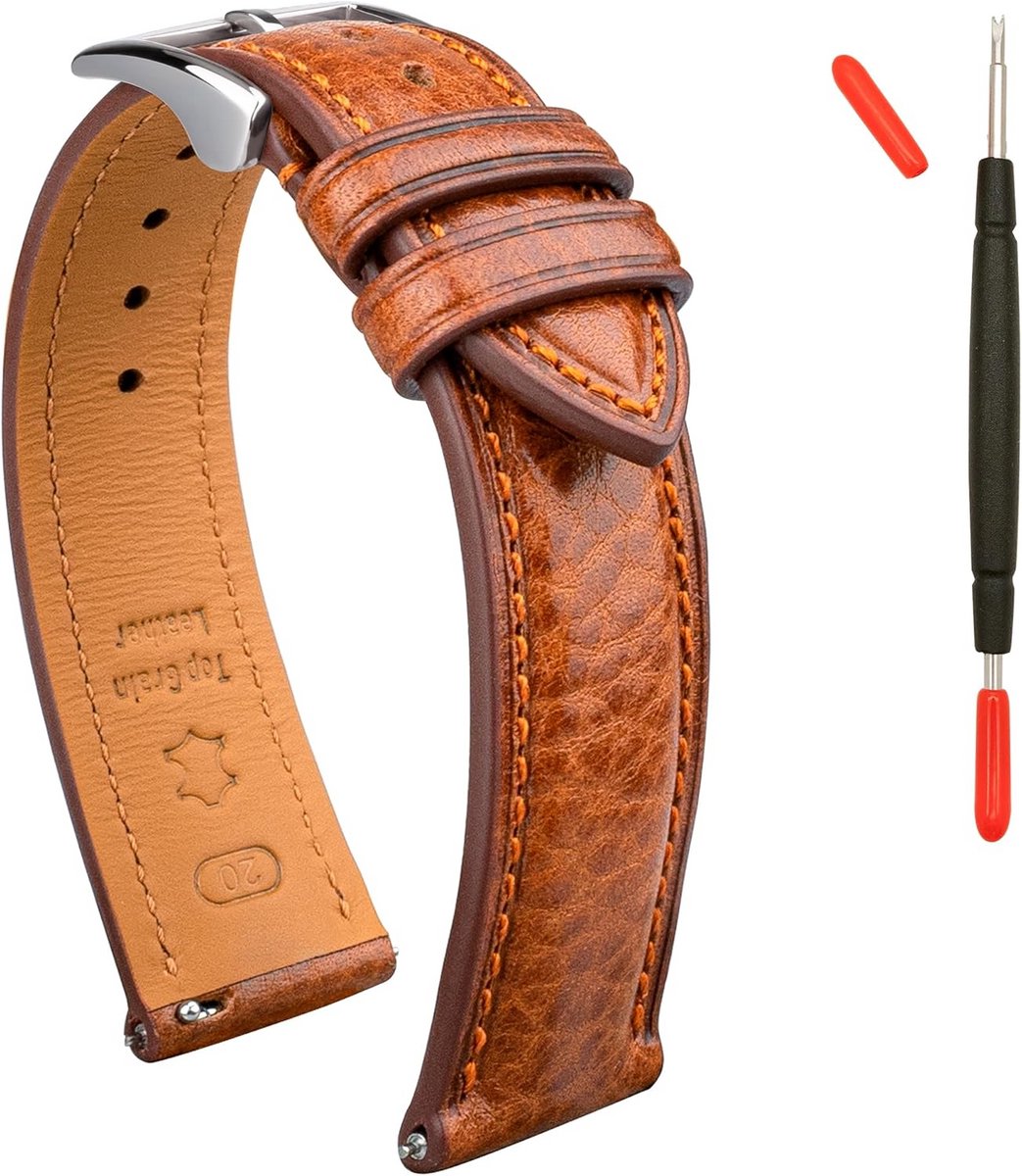Leren Horlogeband 16mm tot 24mm, Echt Plantaardig Gelooide Leren Banderol met Snelsluiting