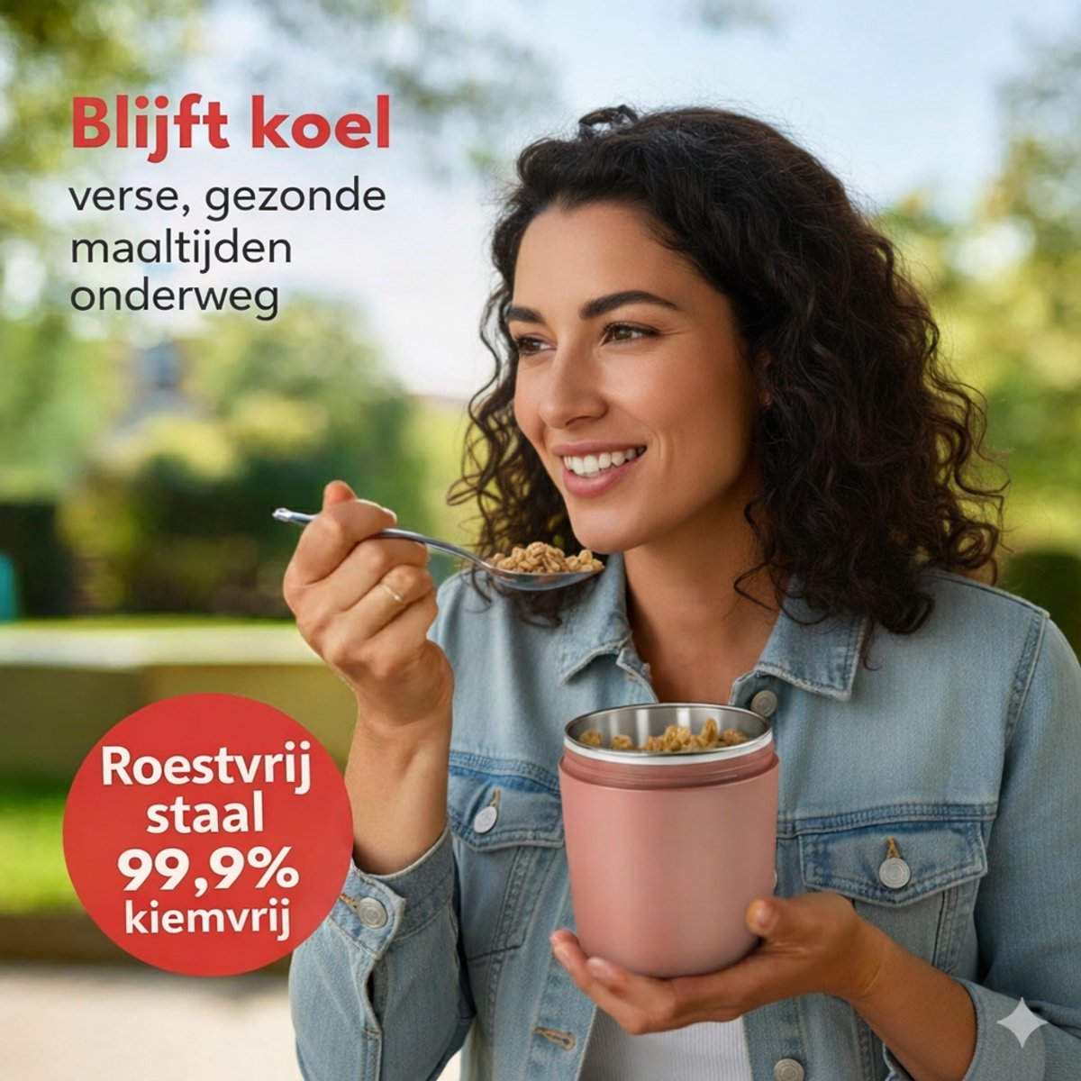 PromoHome Mueslibeker voor onderweg 650 ml - RVS geïsoleerd met lepel - Yoghurtbeker voor pap, muesli & cornflakes - BPA-vrij - Vaatwasserbestendig - Roze — cadeau in Koken & Dineren - foto 4