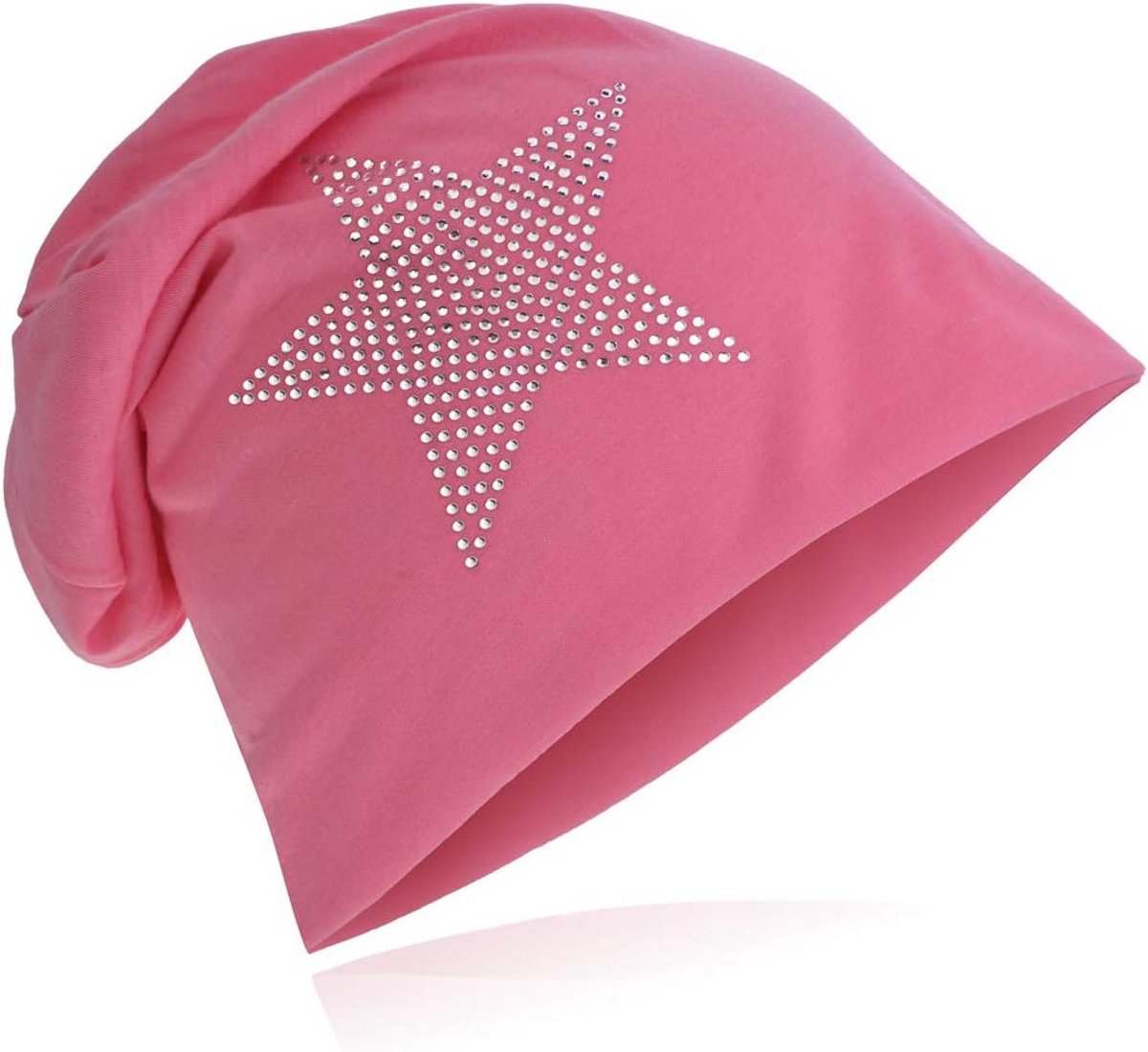 Lange Slouch Beanie Muts met Strass Ster Applicatie Unisex Roze