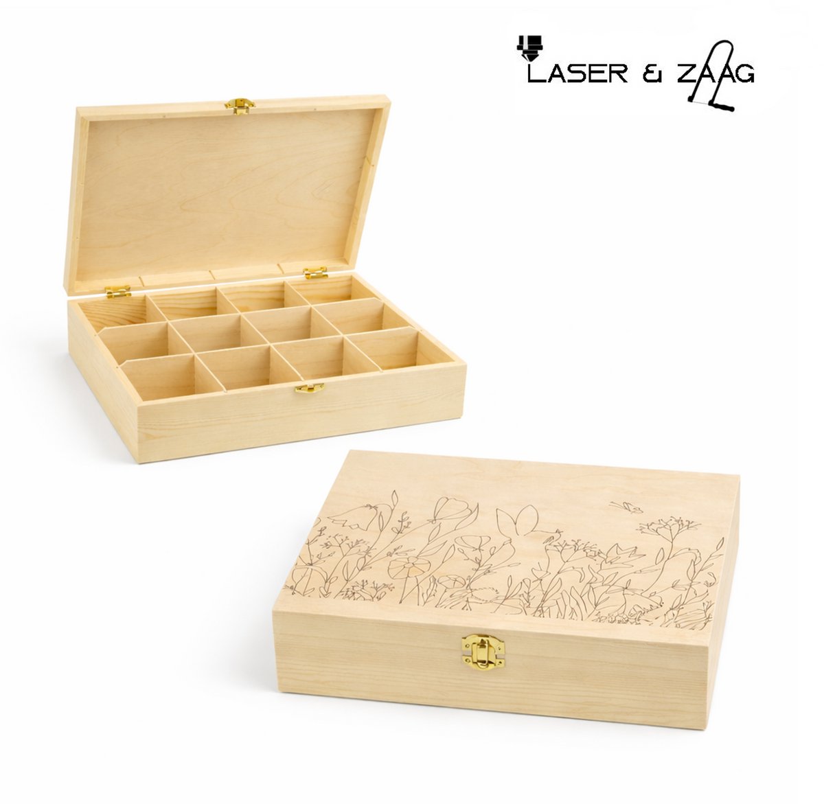 Theedoos 12-vaks - Clipsluiting - Ruimevakken - Bloemen print - Theedoos - Theekist- 12 vakken - 100% grenen - Bloem - Natuur