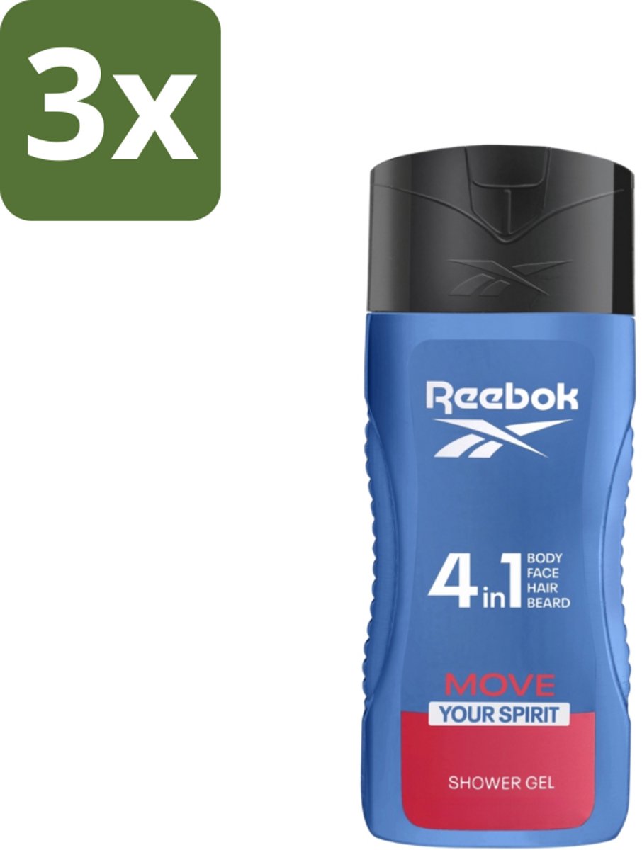 3 x Reebok - Move Your Spirit - Douchegel - 4 in 1 - 400 ml - Douchegel 4 In 1 - Douchegel Voor Gezicht - Douchegel Voor Haar - Douchegel Voor Lichaam - Scheerschuim