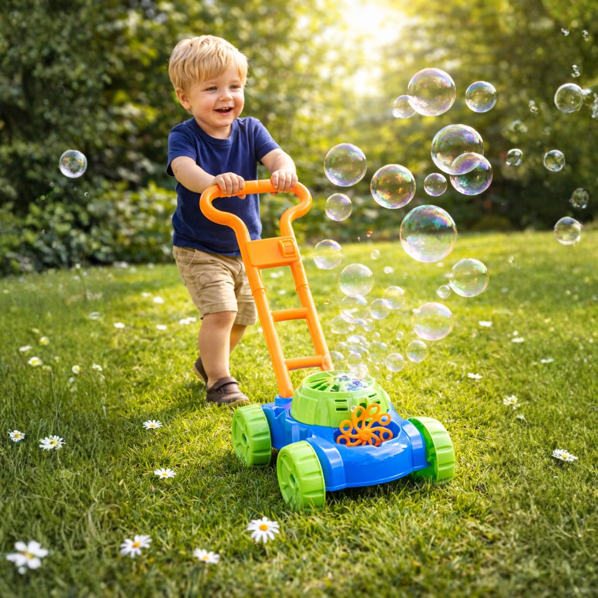 Eddy Toys bubble lawn mower - elektrische bellenblaas grasmaaier - maakt automatisch bellen tijdens lopen - buitenspeelgoed - blauw, groen en oranje - exclusief batterijen