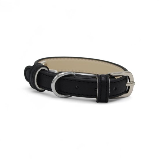 Collier en cuir noir avec boucle et anneau argentés, sur fond blanc.