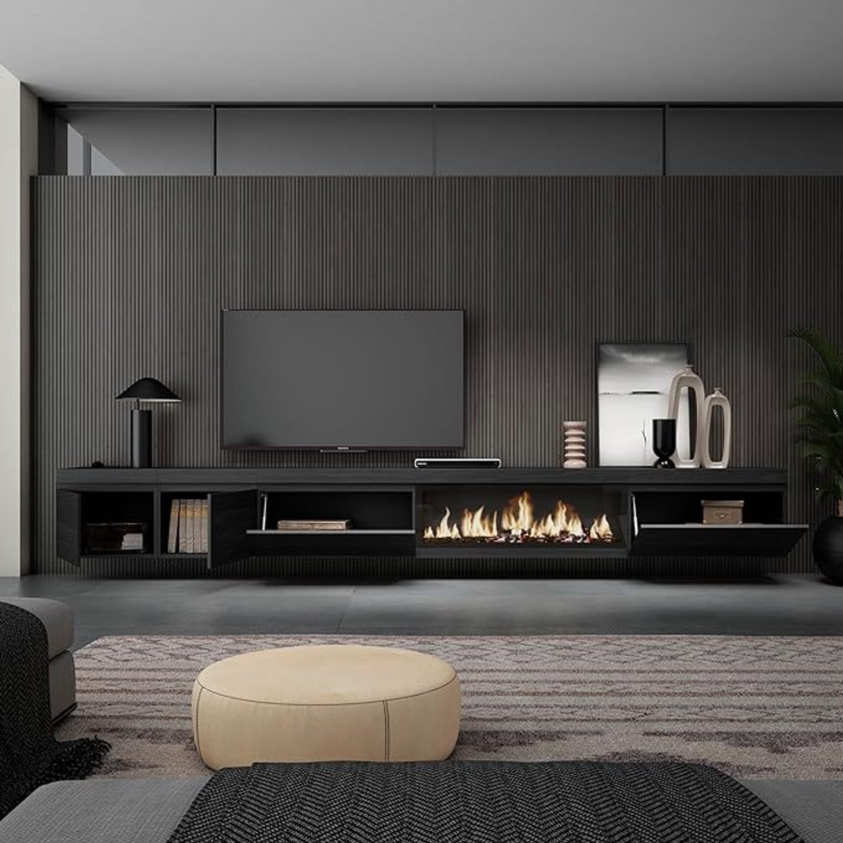 TV Meubel met Elektrische LED Sfeerhaard 368 x 45 x 35 cm XXL Hangend Modern Zwart Wand Lowboard met 3D Vlam Effect en Afstandsbediening – Abkantoor