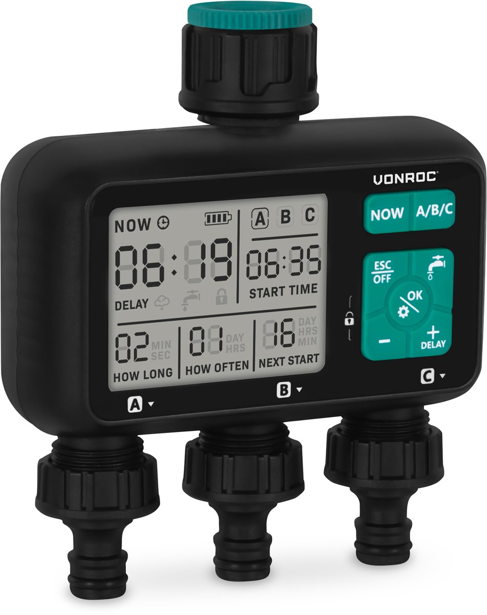 VONROC 3-weg watertimer – Besproeiingscomputer voor 3 zones – Instelbare bewateringstijd en -frequentie per zone