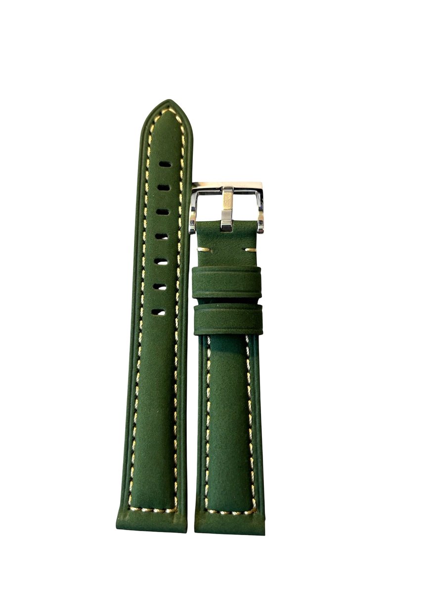 horlogeband-horlogebandje-22mm-echt leer-GROEN-groen- wit stiksel-zacht-soepel-stalen gesp-22 mm