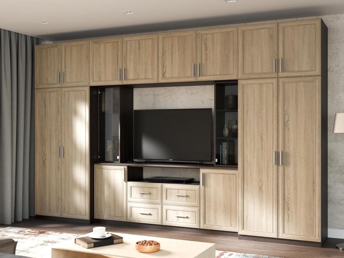 Woonwand 380 x 240 x 54 cm – Moderne Schrankwand met TV-meubel, Vitrinekasten van Rookglas & Hangkasten – Donker Sonoma / Licht Sonoma – Nesto Living Wall – Abkantoor