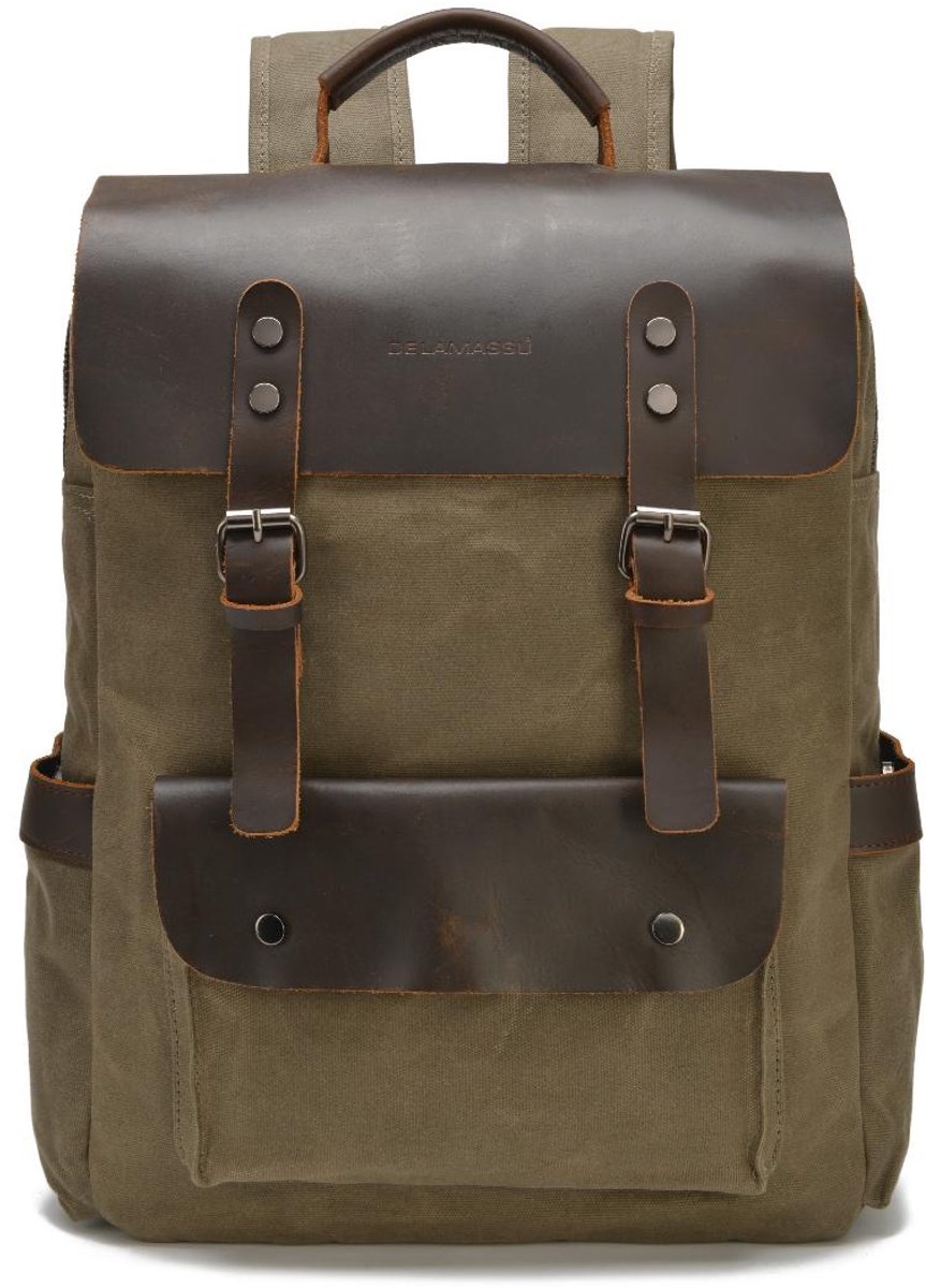 DE LAMASSU® Vintage Canvas Rugzak 15 inch Laptop – Waterafstotend – Echt Leer – 31x11x45 cm – Unisex – Werk & Reizen