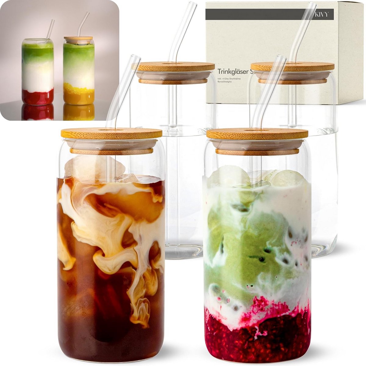 Set van 4 Glazen met Deksel en Rietje voor Iced Coffee, Smoothie en Cocktail