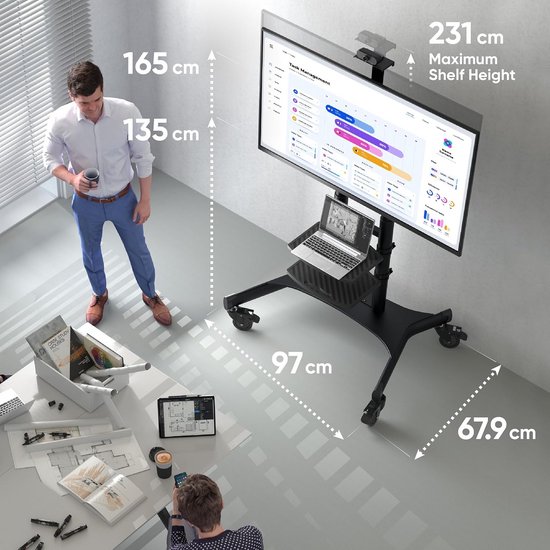 Mobiele Tv-standaard Op Wielen – 50-90 Inch, Verstelbare Hoogte, Dubbele Opbergplanken, Zwart
