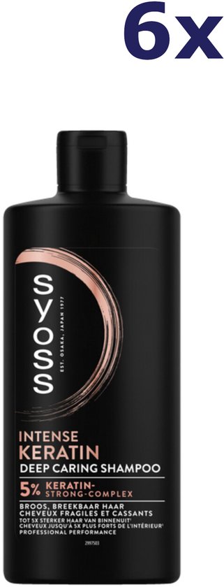 Zwarte fles Syoss Intense Keratin Deep Caring Shampoo, met "6x" in de hoek.