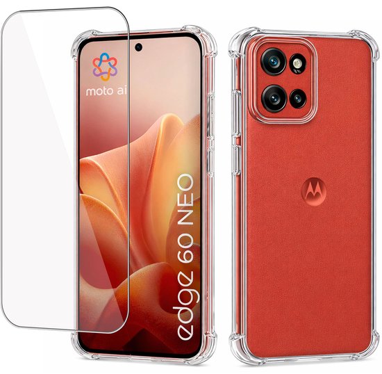 Motorola Edge 60 Neo avec une coque transparente et un protecteur d'écran.