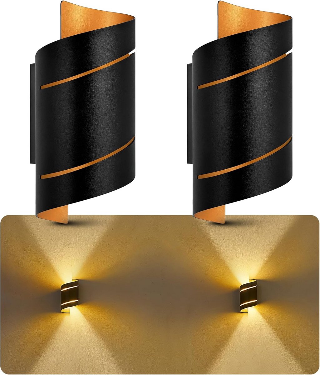 Set van 2 Zwarte en Gouden Wandlampen Op en Neer Verlichting Design Spots
