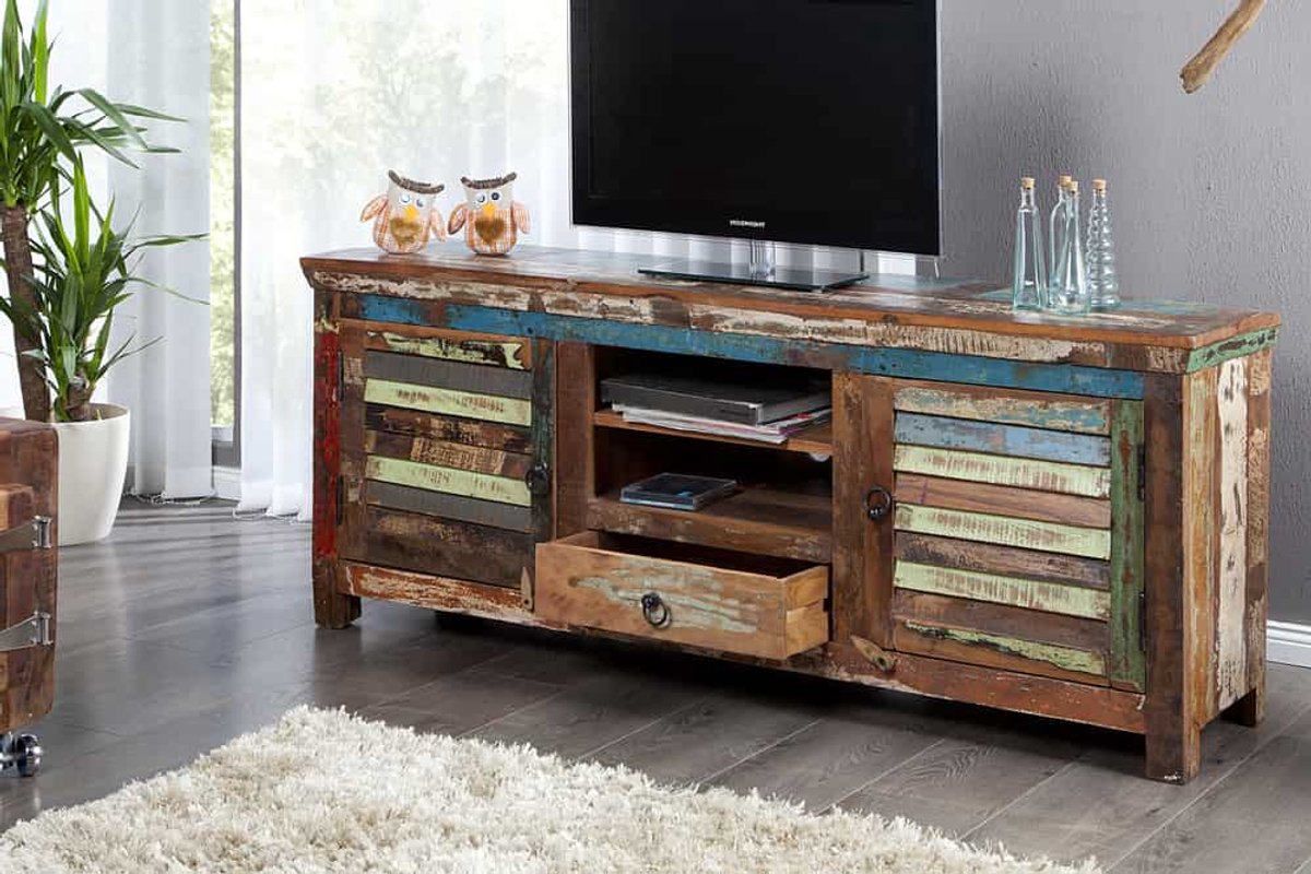 Unieke tv-standaard JAKARTA 150 cm, kleurrijk, gemaakt van gerecycled massief hout