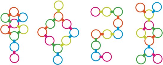 Vier patronen gemaakt van oranje, groene, blauwe en roze hinkelringen.