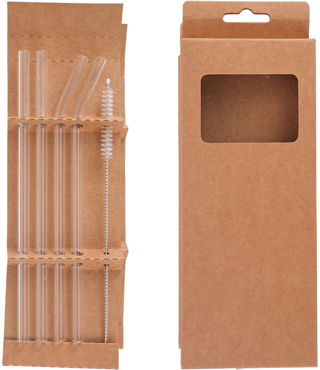 Zubaliya 4 Stuks Herbruikbare Glazen Rietjes Set - Transparant 8mm - Inclusief Reinigingsborstel - Hittebestendig