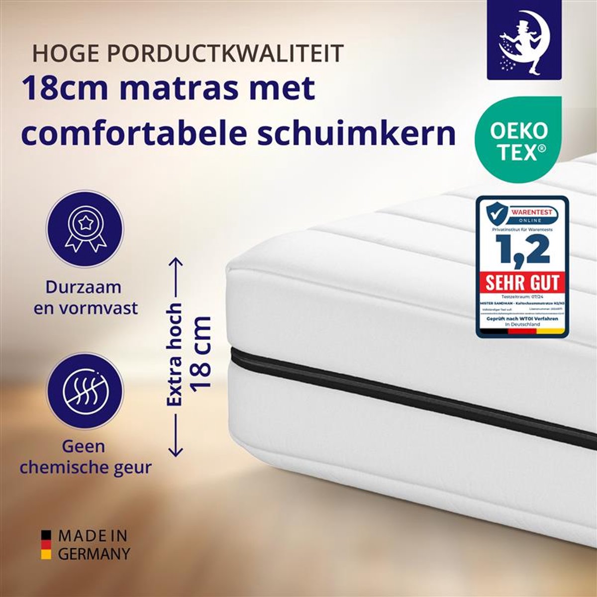 Matras - 120x190 - 7 zones - koudschuim - premium plus tijk - 18 cm