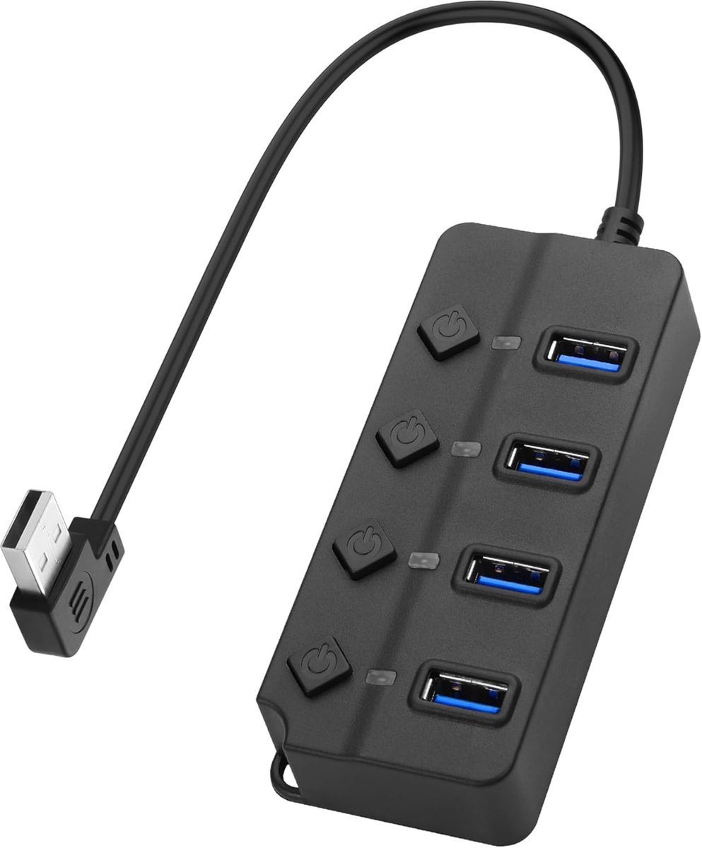 USB-hub/splitter met 90 graden hoek - USB 2.0-datahub met onafhankelijke aan-/uitschakelaar - DC 5,5 * 2,1-voedingspoort - geschikt voor laptops en pc's (4 poorten - 0,3 meter).
