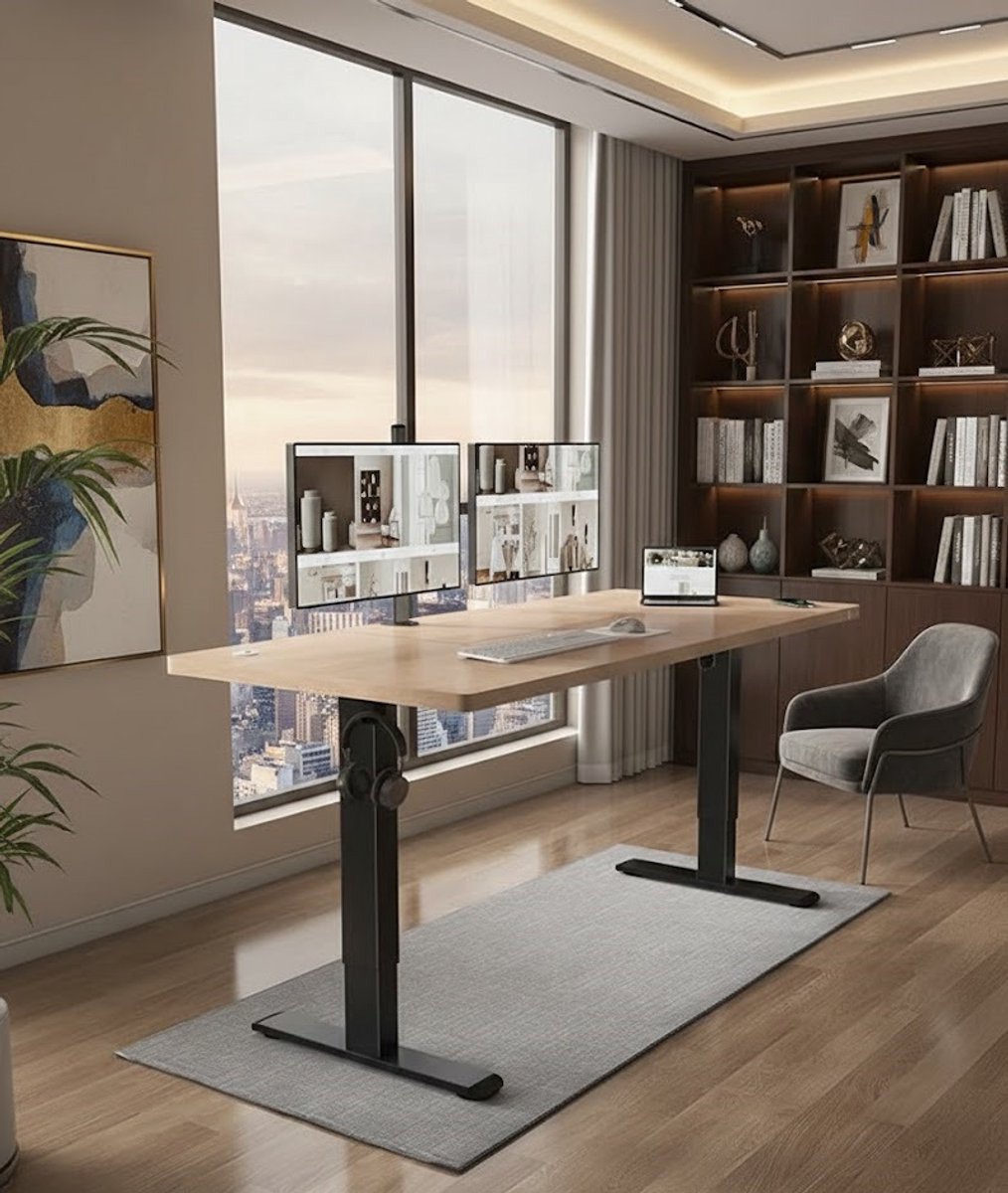 Elektrisch In Hoogte Verstelbaar Bureau 140x70 cm - Modern Standbureau met Behuizingsfunctie, Kabelorganizer, Stabiel Tafelblad en LED Hoogtemeting - Ergonomische Computertafel voor Thuis en Kantoor - Beige + Zwart Casa Serena