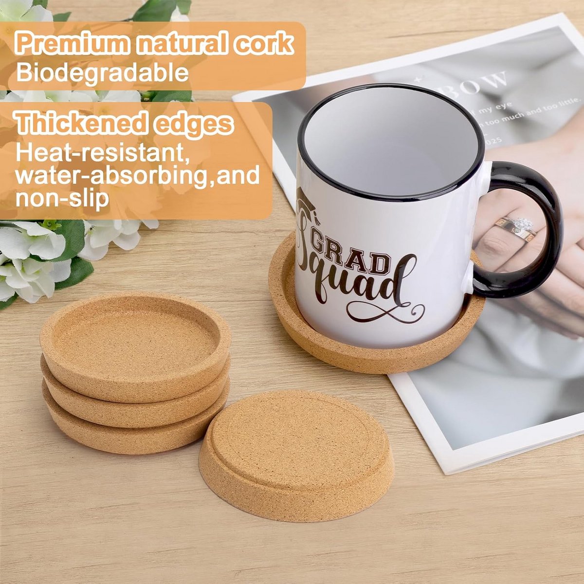 Set van 4 Ronde Kurken Onderzetters 9 cm - Hittebestendig en Waterabsorberend