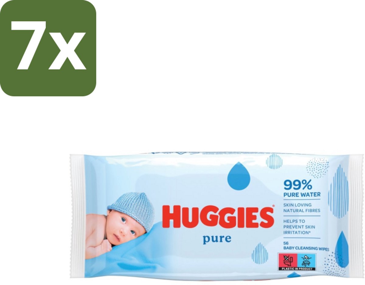 7 x Huggies - Billendoekjes - Pure - Tegen Huidirritaties - 56 Babydoekjes - Babydoekjes - Huidverzorging - Hypoallergeen - Babyhuid - Reiniging