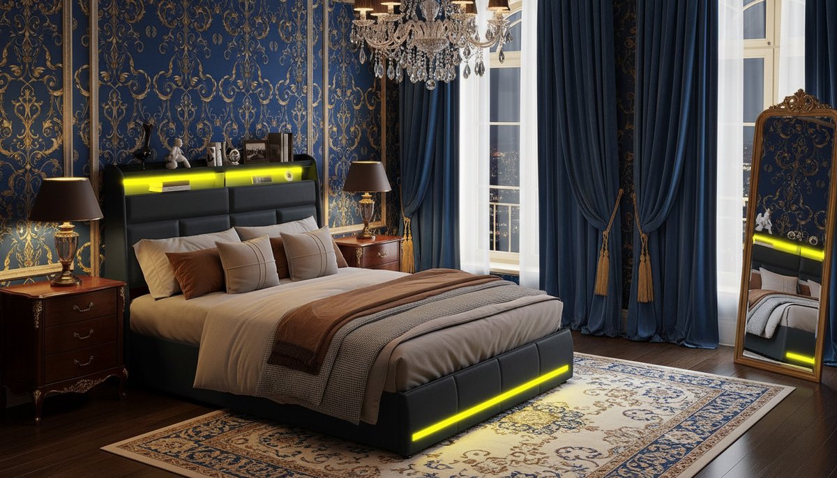 Opbergbed Tweepersoons 140x200 cm – Casa Velluto Onyx Supreme PU Bedframe met LED-verlichting, USB-poort en Hydraulische Opbergruimte – Modern Zwart Gestoffeerd Bed met Lattenbodem