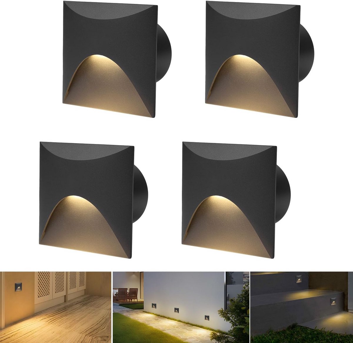 Set van 4 LED Traplampen Zwart Aluminium Warmwit IP44