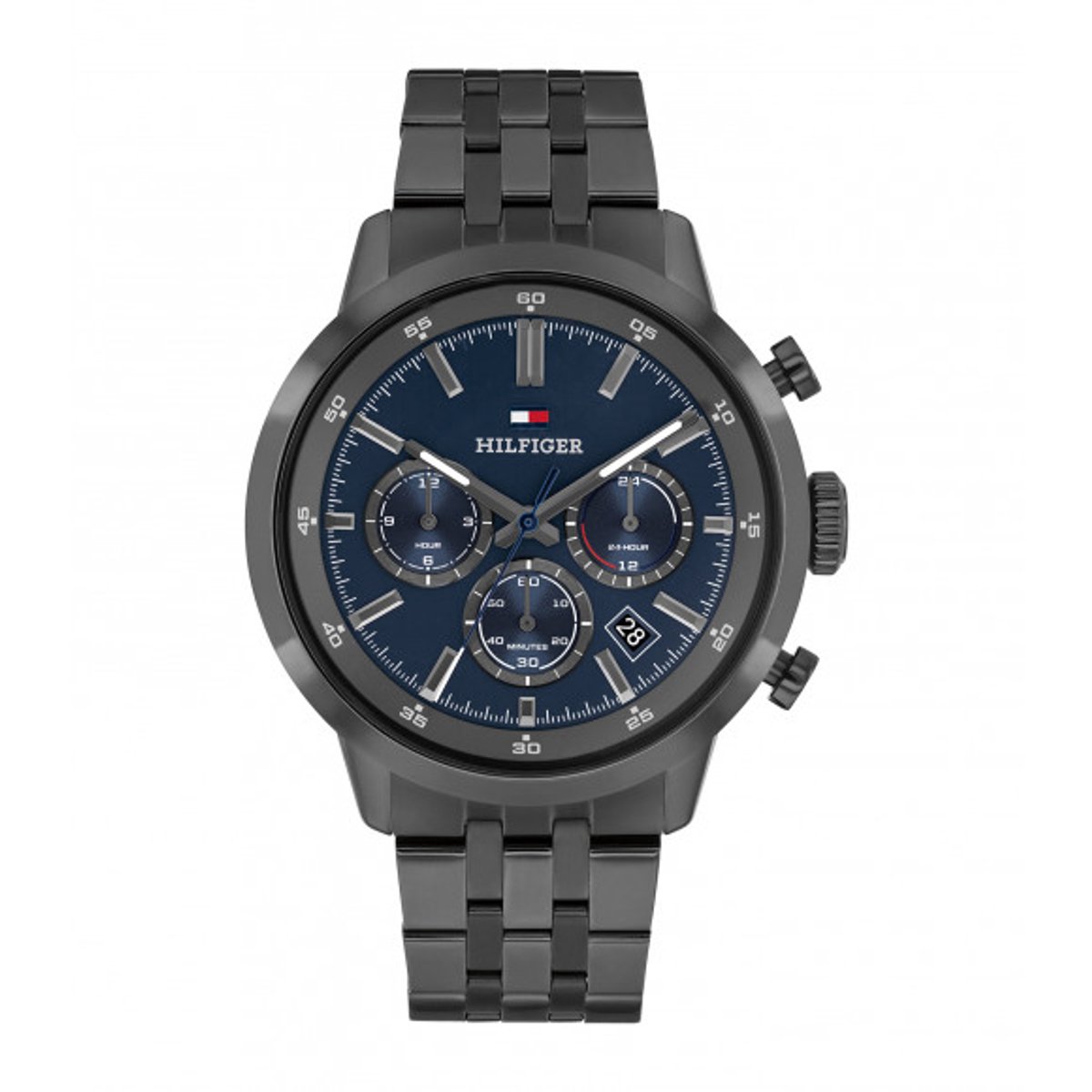 Tommy Hilfiger Dual Time Horloge, Gunmetal Band, Zwarte Wijzerplaat, Gunmetal Kast, Datum, 43Mm, 5 Atm, 1710755