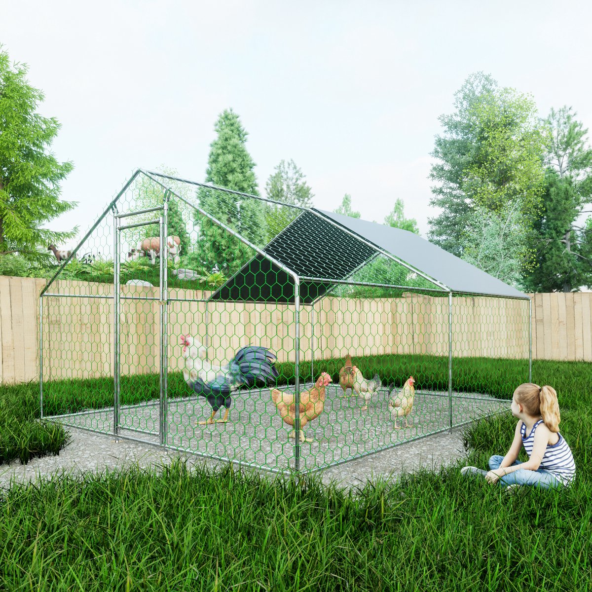 Buitenverblijf Kippenhok 3x4x2m met Veiligheidsslot en Waterdicht PE-doek, Buitenverblijf van Metaal voor Kippen, Konijnen en Andere Kleine Dieren