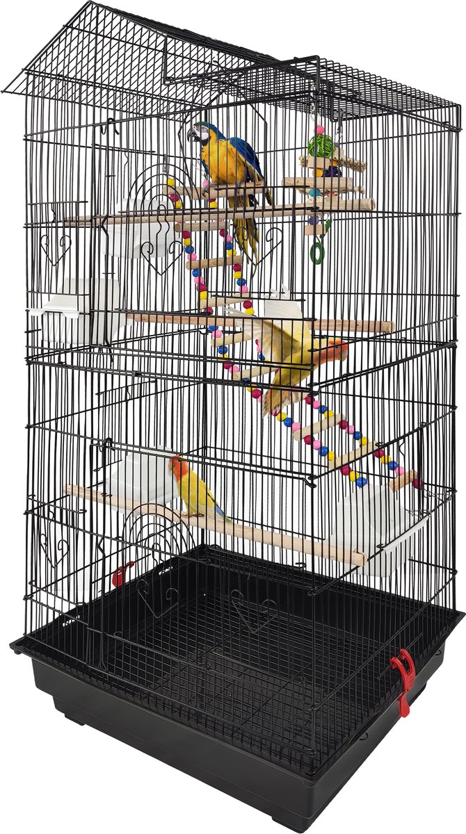 Metalen vogelkooien, parkietenkooi met speelgoed en rustplek, houten zitstok, valkparkietenkooi, 46x35,5x99cm, draagbare volière met voerbak en verwijderbare lade voor siervogels NAIZY