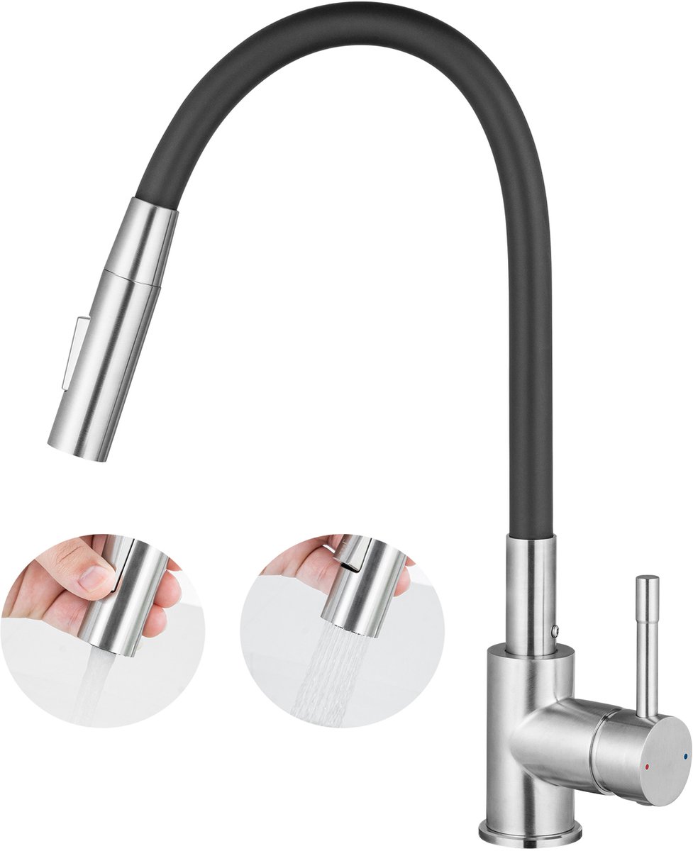 CECIPA max Keukenkraan - Met Flexibele Uitloop - Keuken Kraan - 2 Waterafvoermodi - keukenmengkraan 360° draaibare - Zwart + Zilver