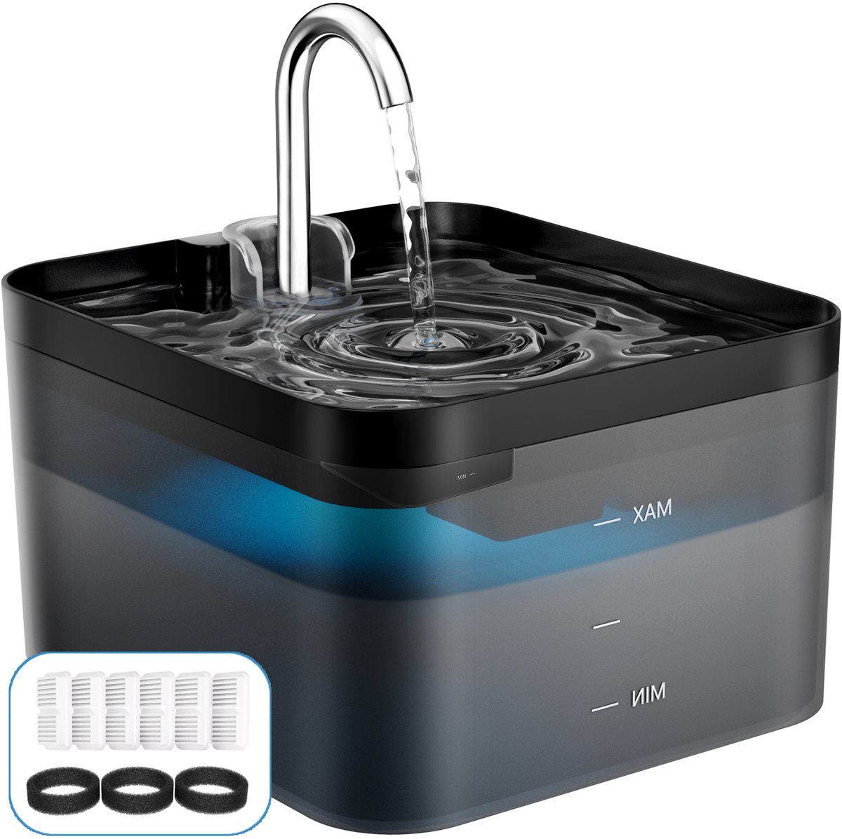 PAWPOLL MAX Drinkfontein Kat en Hond - Kattenfontein 2.2 L - Fluisterstil - Incl. 6 Filters en cleaning tool - LED Zichtbare waterpeil - Waterfontein Katten en Honden - Zwart