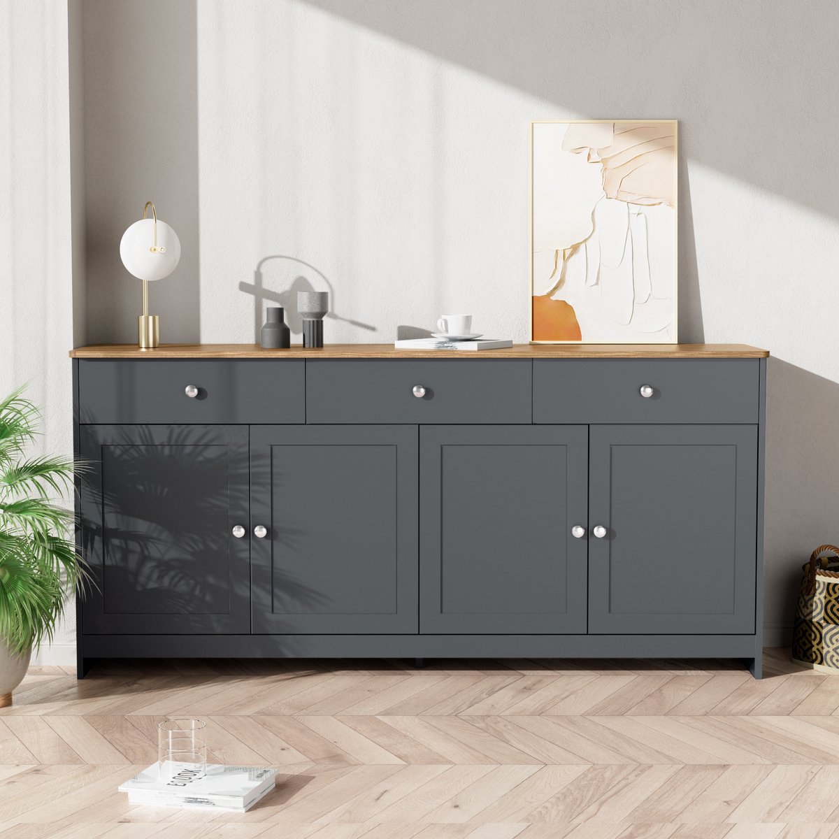 Clruro Dressoir - 4 Deuren en 3 Lades - Houtlook - Woon- en Eetkamer - Grijs/Zwart