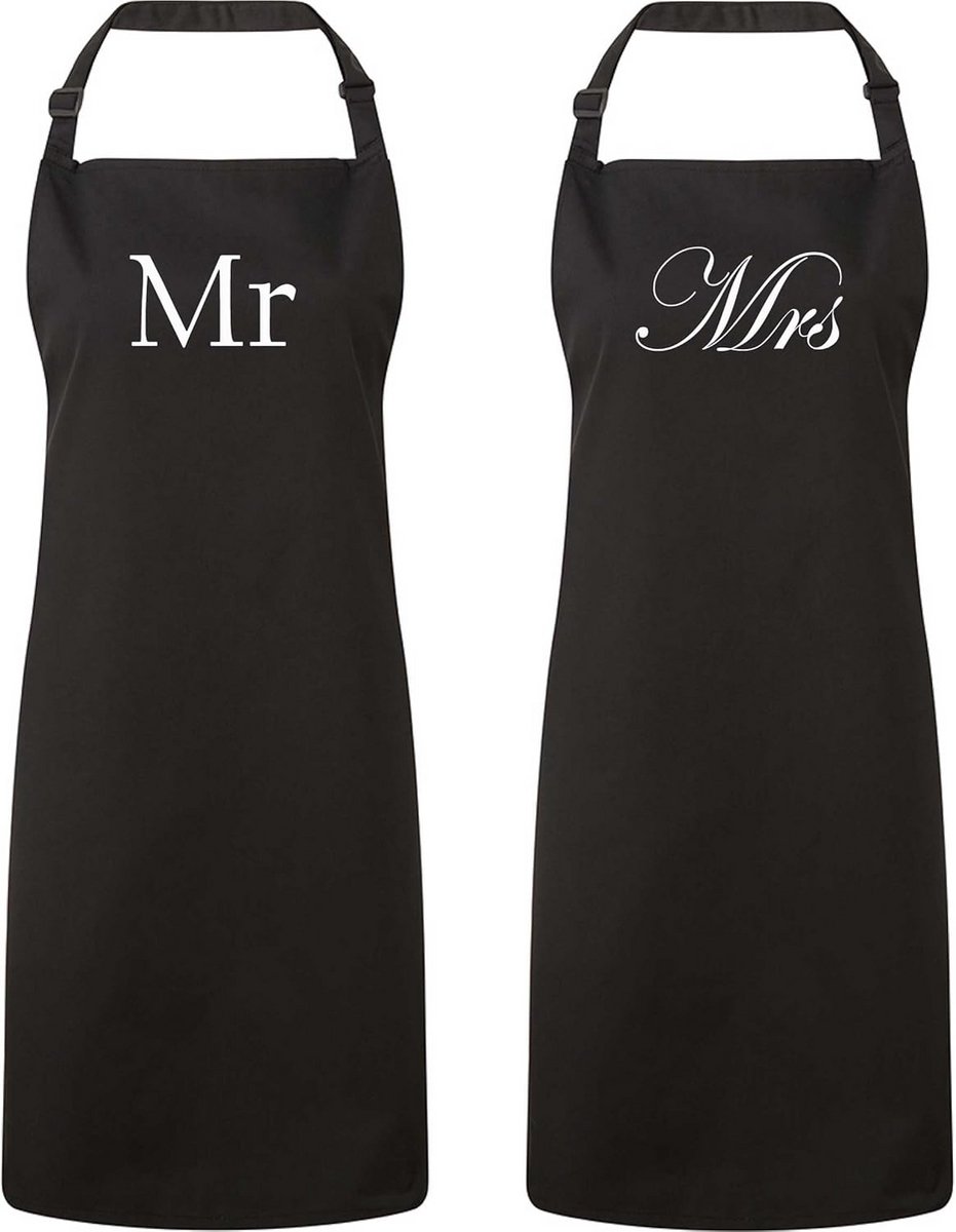 Mr & Mrs Schorten Set Zwart - Keukenschorten met Grappige Tekst voor Koppels
