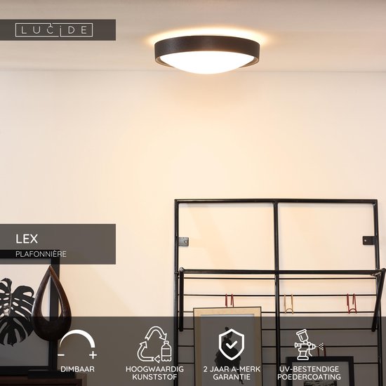Lex plafonnière met zwarte rand en melkwit glas. De lamp is dimbaar en van hoogwaardige kunststof.