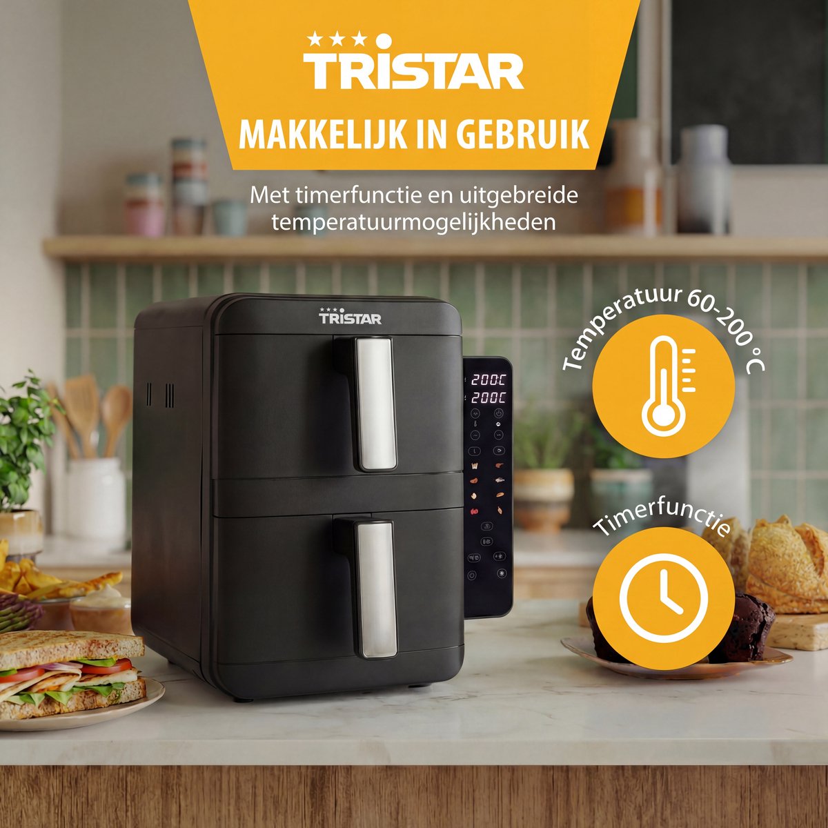 Tristar FR-9074 - Stack airfryer XXL - 9L - 2 onafhankelijke kookzones - Dubbele gestapelde lades - 8 kookprogramma's - 2400W - PFAS-vrij - Bespaart 45% Ruimte - 6 personen — afbeelding 5